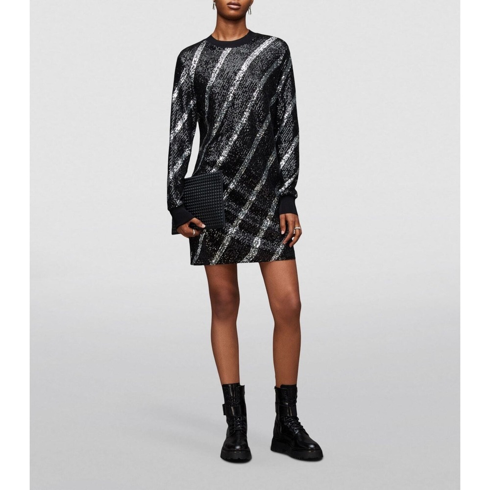 ALLSAINTS Juela Sequin Mini Dress Women Small Black Stripe Bowi Long Sleeve